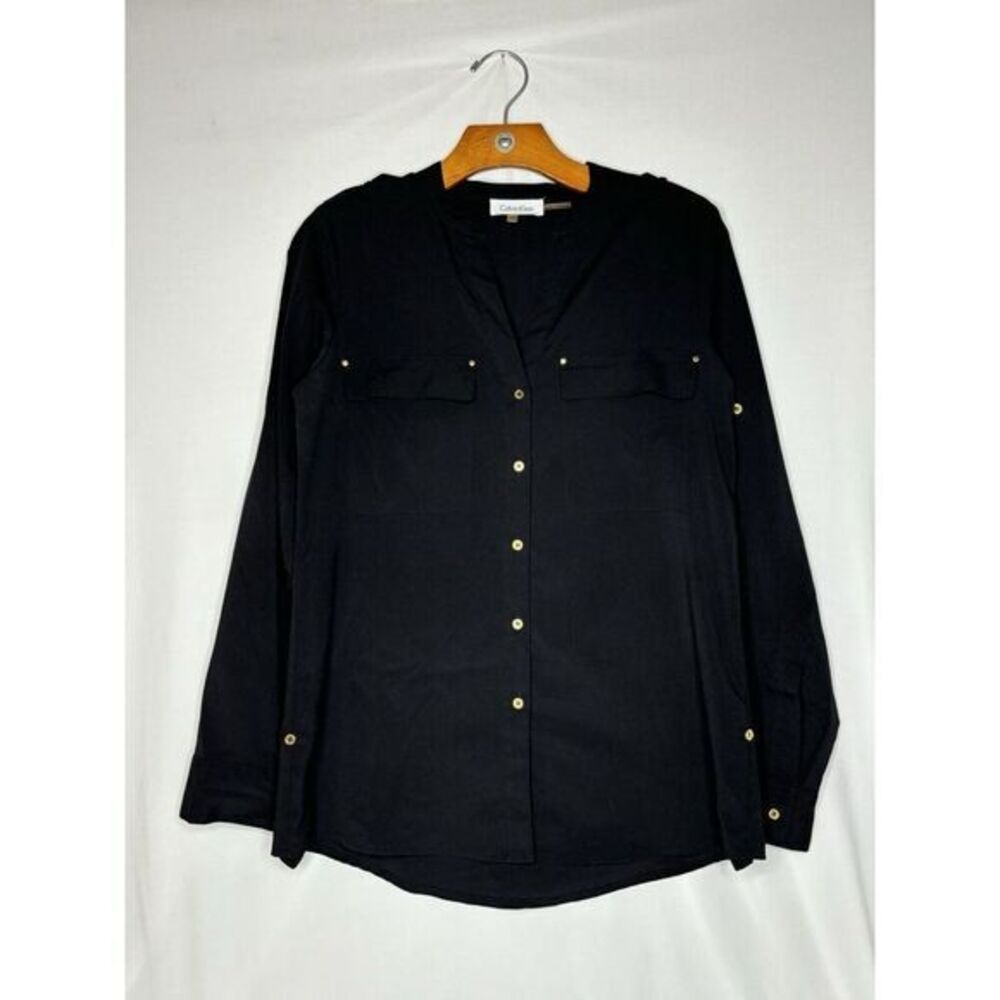 Calvin Klein‎ Womens Black Polyester Button Front Long Sleeve Shirt Size XS